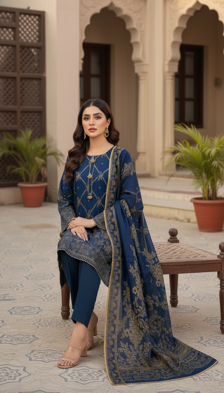 Blue & Golden Embroidered Jacquard 3 Piece Stitched Ladies Suit for Women | Pakistani Indian Luxury Wedding, Formal, Office & Party Wear Dress | Dubai UAE