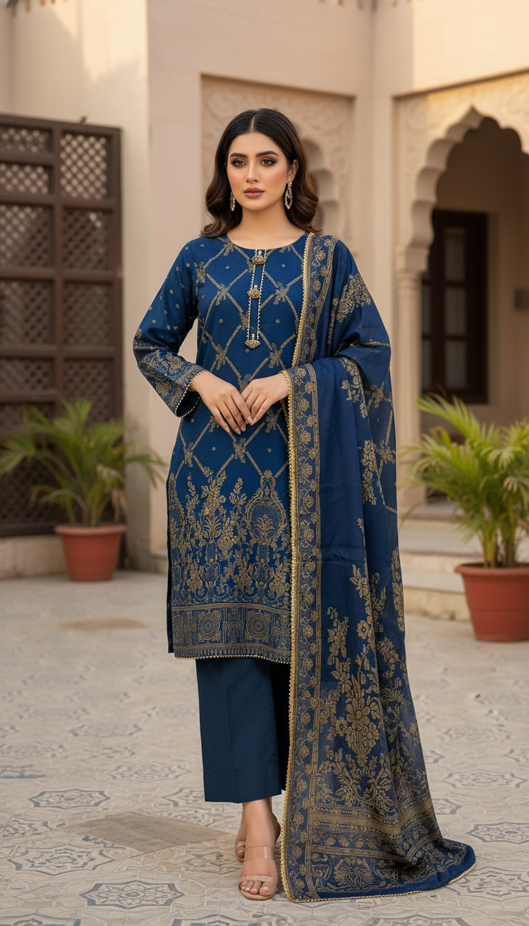 stitched 3 piece jacquard suit in UAE for women, premium embroidered jacquard dress with dupatta