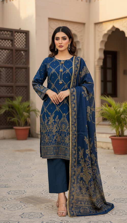 stitched 3 piece jacquard suit in UAE for women, premium embroidered jacquard dress with dupatta