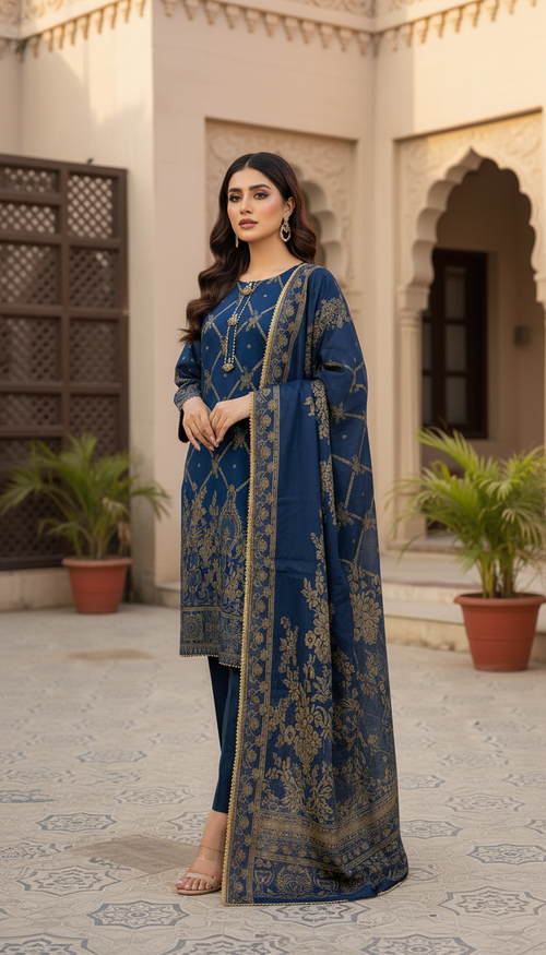 3 Piece Jacquard Embroidered Suit for Women – Elegant Blue & Golden Formal Wear in UAE