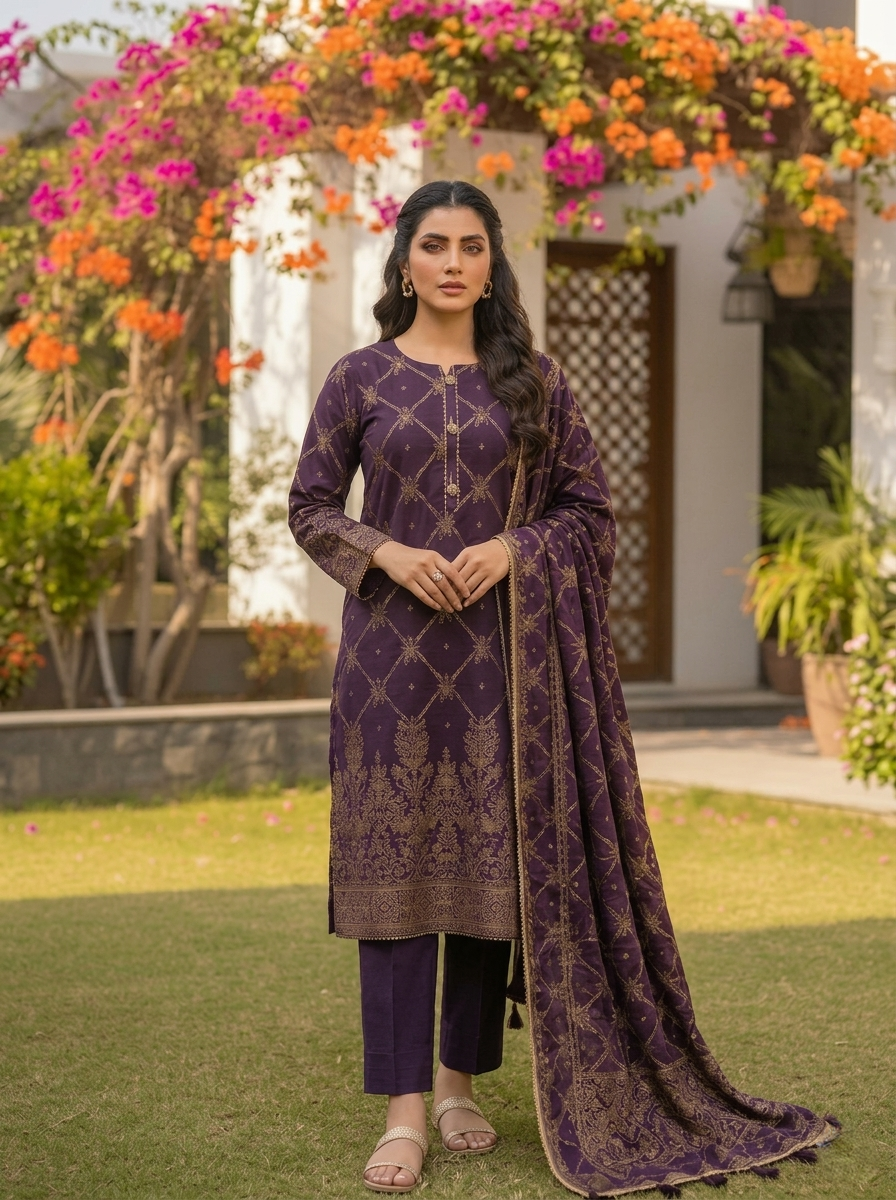 3 piece ready to wear jacquard suit for women in UAE, embroidered jacquard dress with dupatta