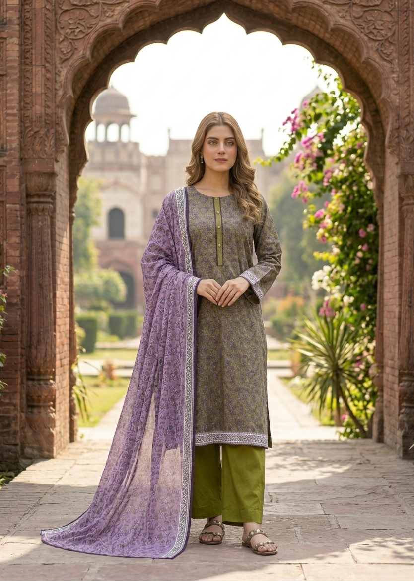 Woman in traditional outfit with purple dupatta standing under an archway with garden view