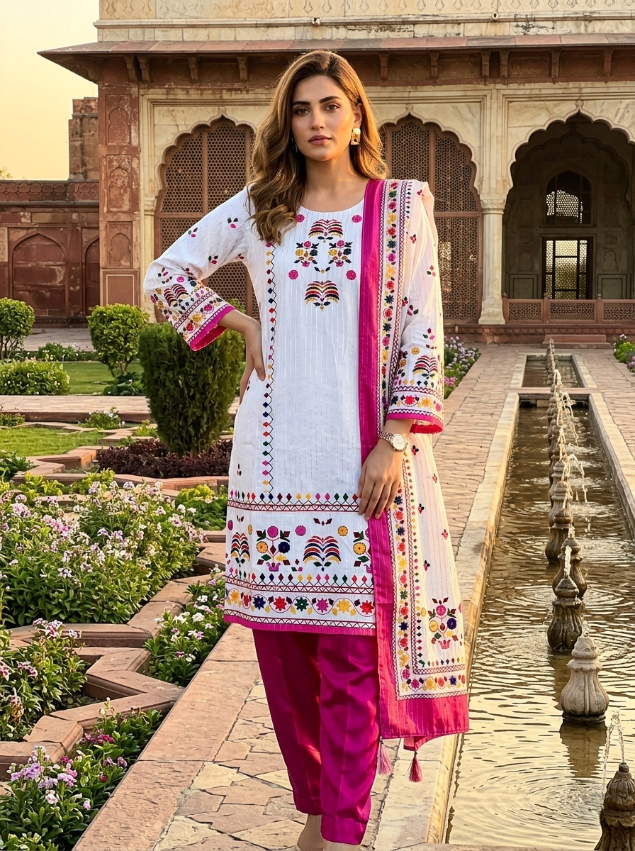 White Embroidered 3 Piece Stitched Ladies Suit | Pakistani Indian Punjabi Shalwar Kameez | Ethnic Wedding & Party Wear Dress for Women | Dubai UAE