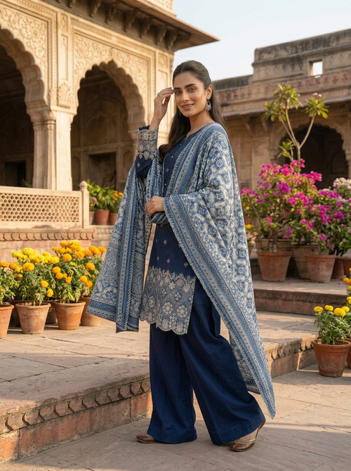 Blue & White Chikankari Cotton Lawn 3 Piece Stitched Suit for Women | Pakistani Indian Embroidered Shirt, Plain Pajama & Net Dupatta | Luxury Summer Dress Dubai UAE