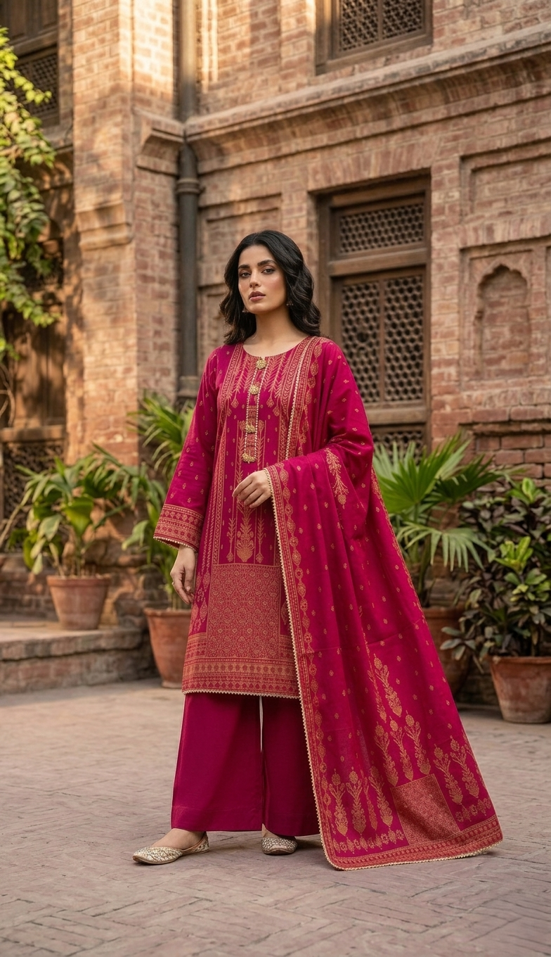 Luxury Deep Magenta Pink & Golden Jacquard 3 Piece Ladies Suit | Pakistani Indian Stitched Party Wear Dress for Women | Dubai UAE
