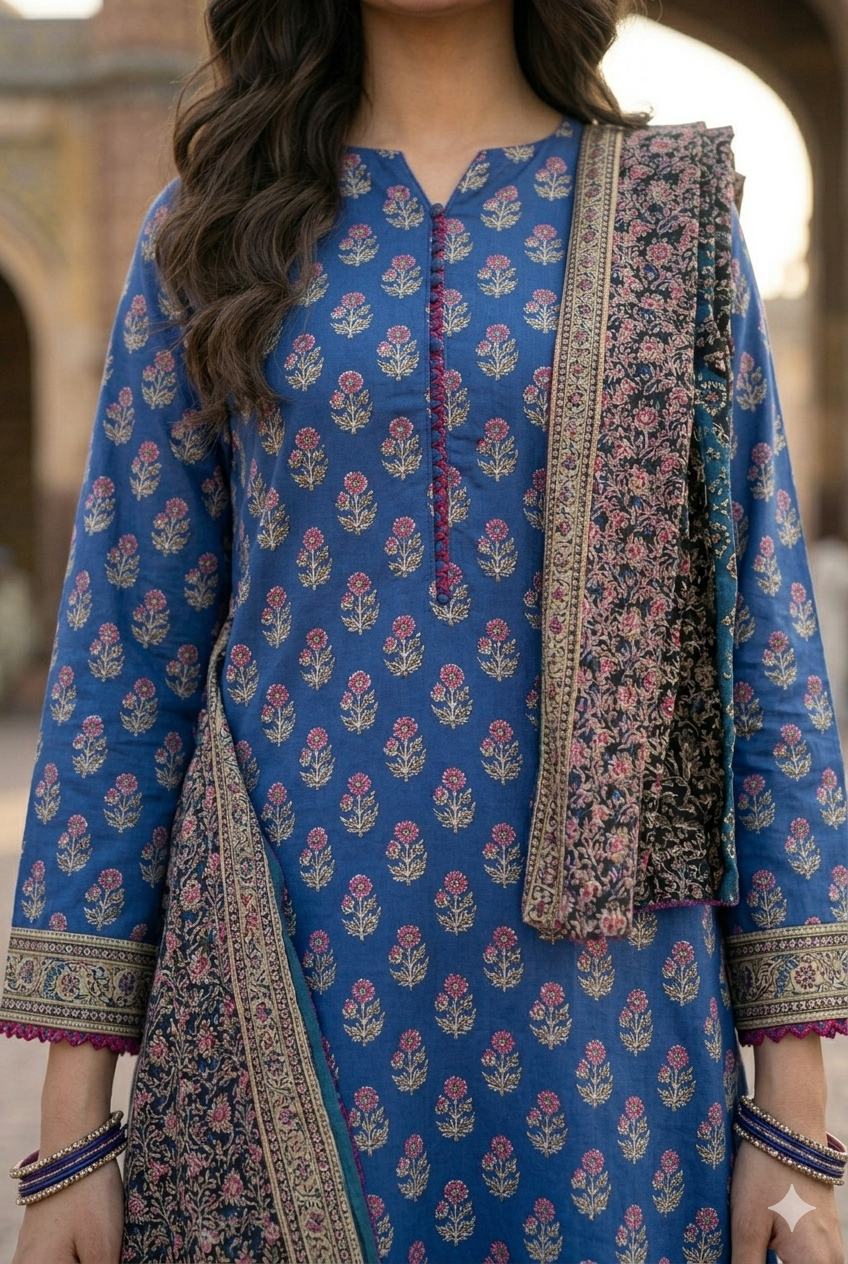 Premium Blue Printed Lawn 3 Piece Full Stitched Ladies Suit with Pink Lace | Classic Summer Collection | House, Office & Party Wear | Dubai UAE | Al Kiswah