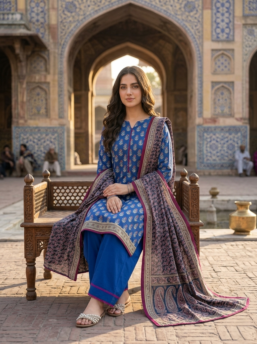 Premium Blue Printed Lawn 3 Piece Full Stitched Ladies Suit with Pink Lace | Classic Summer Collection | House, Office & Party Wear | Dubai UAE | Al Kiswah