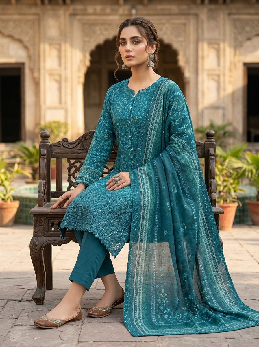 Chikankari Cotton 3 Piece Stitched Ladies Suit | Pakistani Indian Embroidered Summer Dress for Women | Home, Office & Party Wear | Dubai UAE
