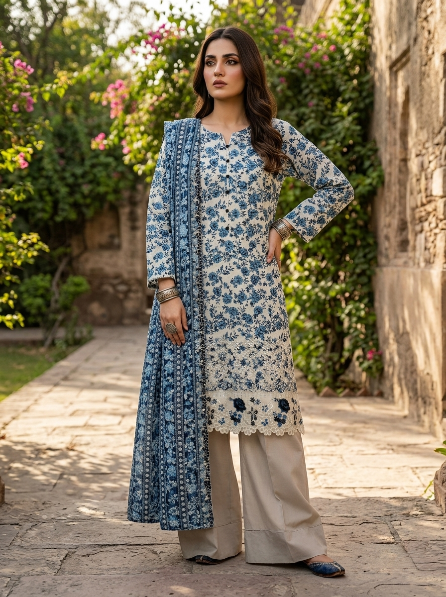 Floral Embroidered Chikankari Cotton Lawn 3 Piece Stitched Suit for Women | Pakistani Indian Summer Office & Party Wear Dress | Dubai UAE