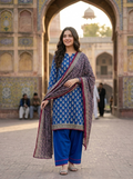 Premium Blue Printed Lawn 3 Piece Full Stitched Ladies Suit with Pink Lace | Classic Summer Collection | House, Office & Party Wear | Dubai UAE | Al Kiswah