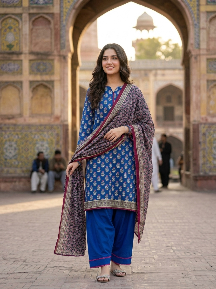 Premium Blue Printed Lawn 3 Piece Full Stitched Ladies Suit with Pink Lace | Classic Summer Collection | House, Office & Party Wear | Dubai UAE | Al Kiswah