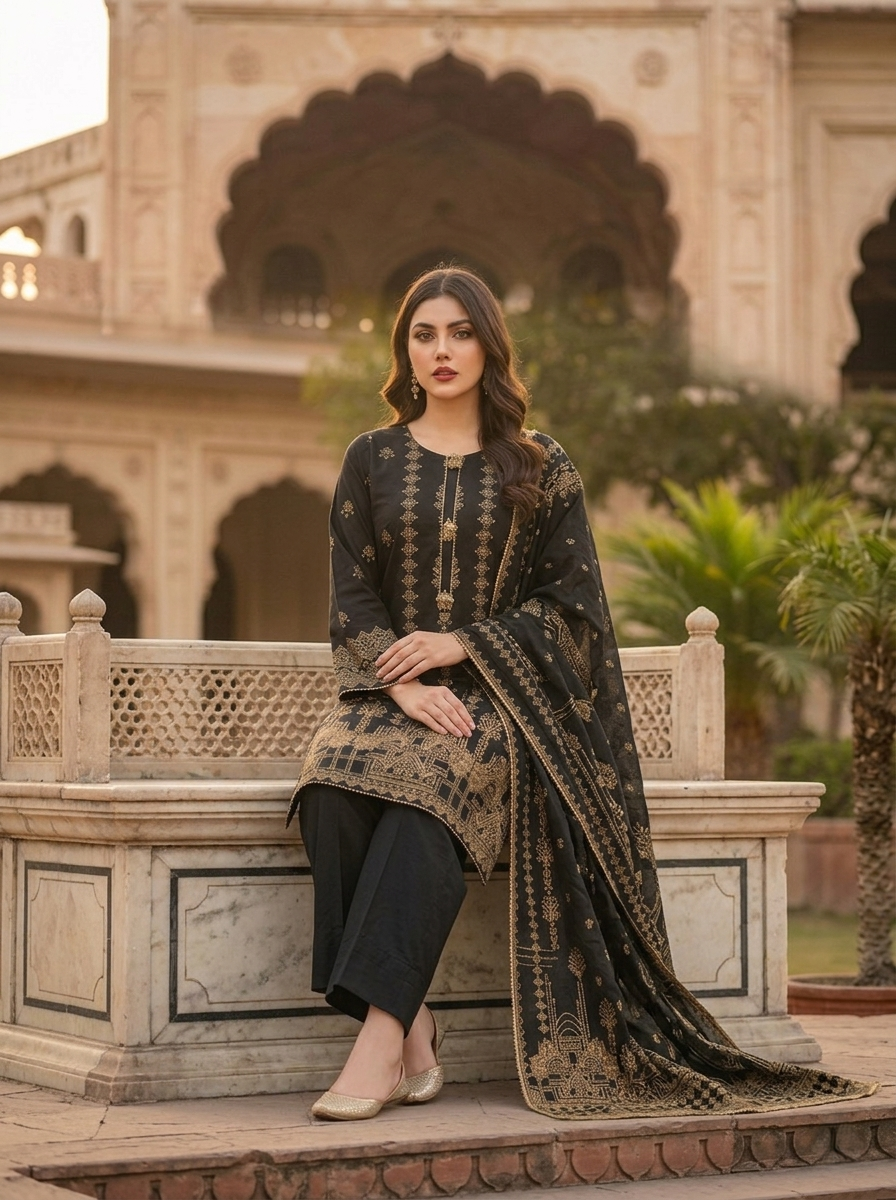 3 piece ready to wear jacquard suit for women in UAE, embroidered jacquard dress with dupatta