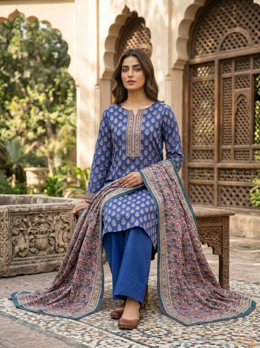 Blue Printed Lawn 3 Piece Stitched Ladies Suit | Premium Summer Collection | Home & Office Wear | Pakistani Indian Casual Dress | Dubai UAE | Al Kiswah