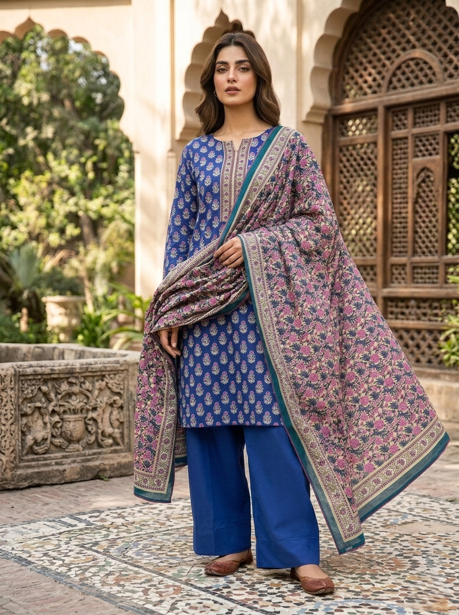 Blue Printed Lawn 3 Piece Stitched Ladies Suit | Premium Summer Collection | Home & Office Wear | Pakistani Indian Casual Dress | Dubai UAE | Al Kiswah