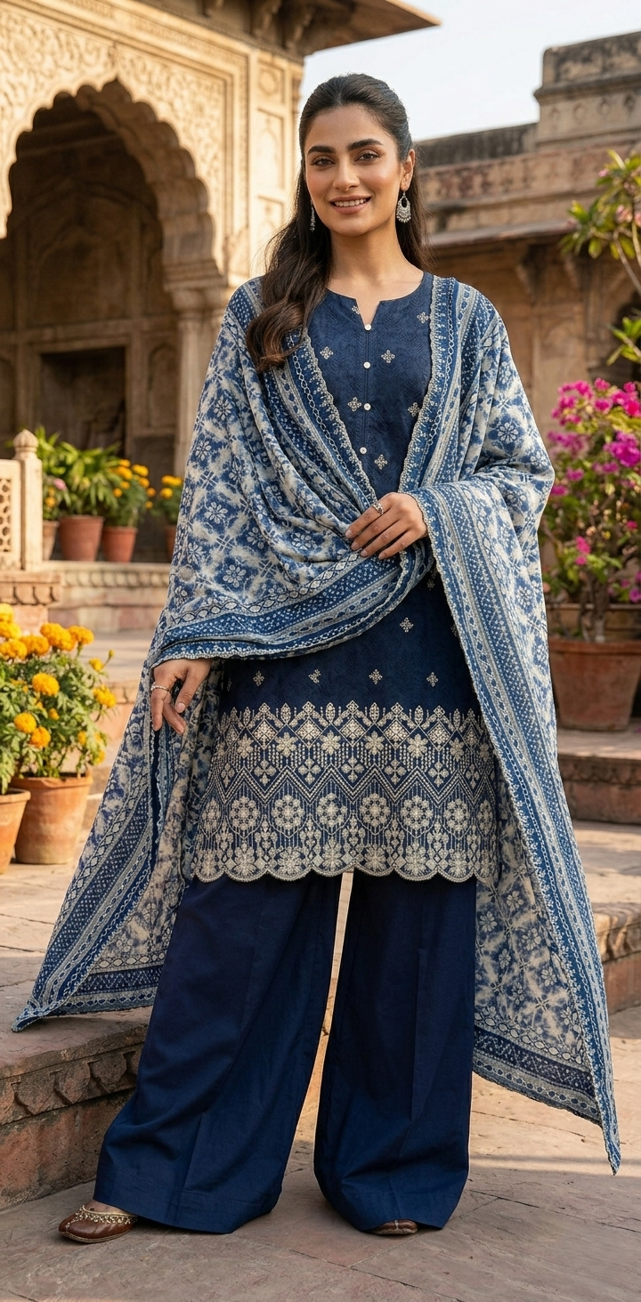 Blue & White Chikankari Cotton Lawn 3 Piece Stitched Suit for Women | Pakistani Indian Embroidered Shirt, Plain Pajama & Net Dupatta | Luxury Summer Dress Dubai UAE