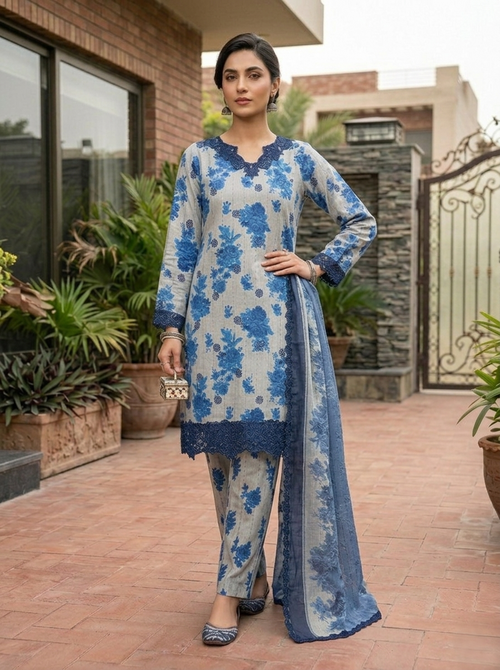 Blue & White Floral Lawn 3 Piece Shalwar Kameez | Dubai UAE