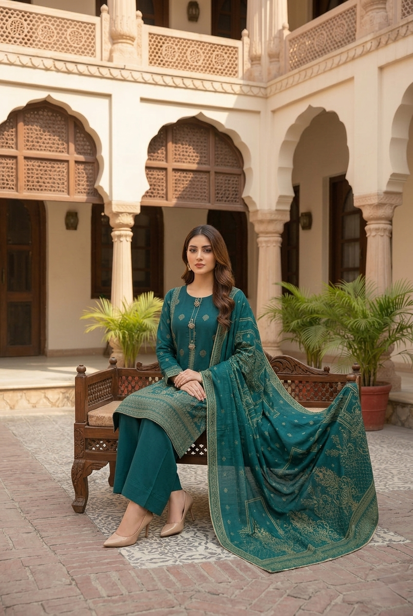 stitched 3 piece jacquard suit in UAE for women, premium embroidered jacquard dress with dupatta