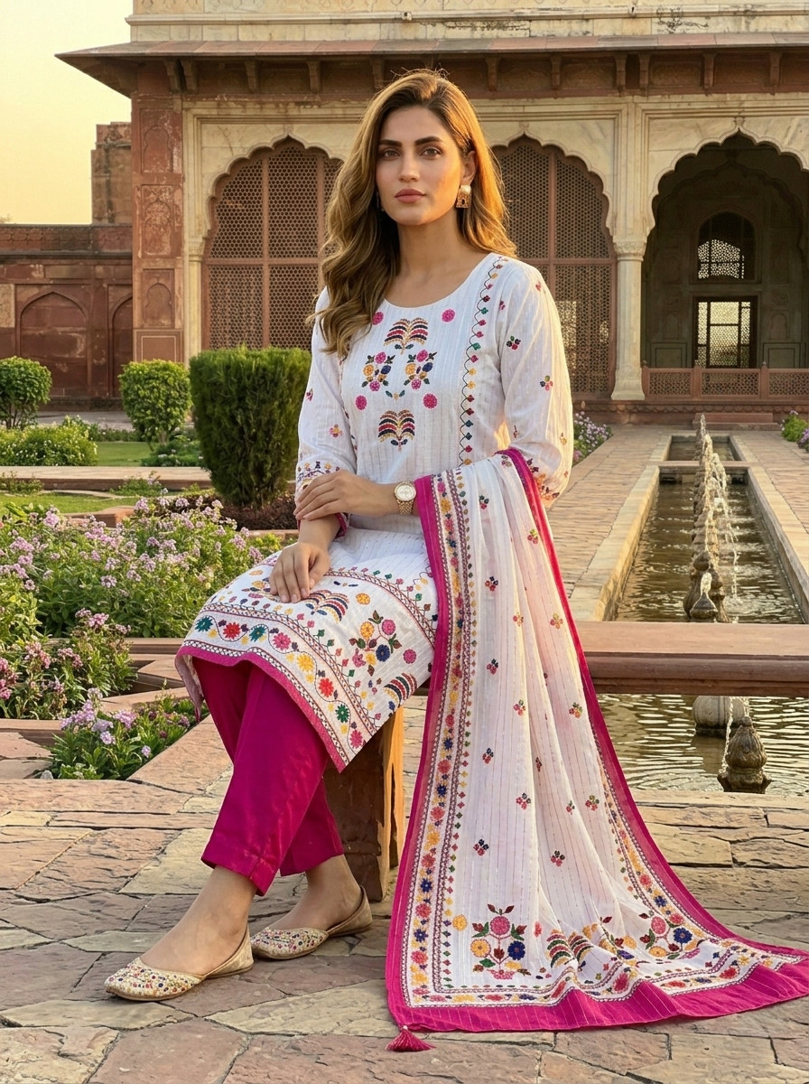 White Embroidered 3 Piece Stitched Ladies Suit | Pakistani Indian Punjabi Shalwar Kameez | Ethnic Wedding & Party Wear Dress for Women | Dubai UAE