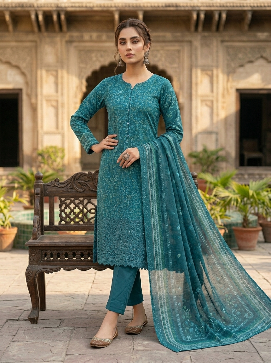 Chikankari Cotton 3 Piece Stitched Ladies Suit | Pakistani Indian Embroidered Summer Dress for Women | Home, Office & Party Wear | Dubai UAE