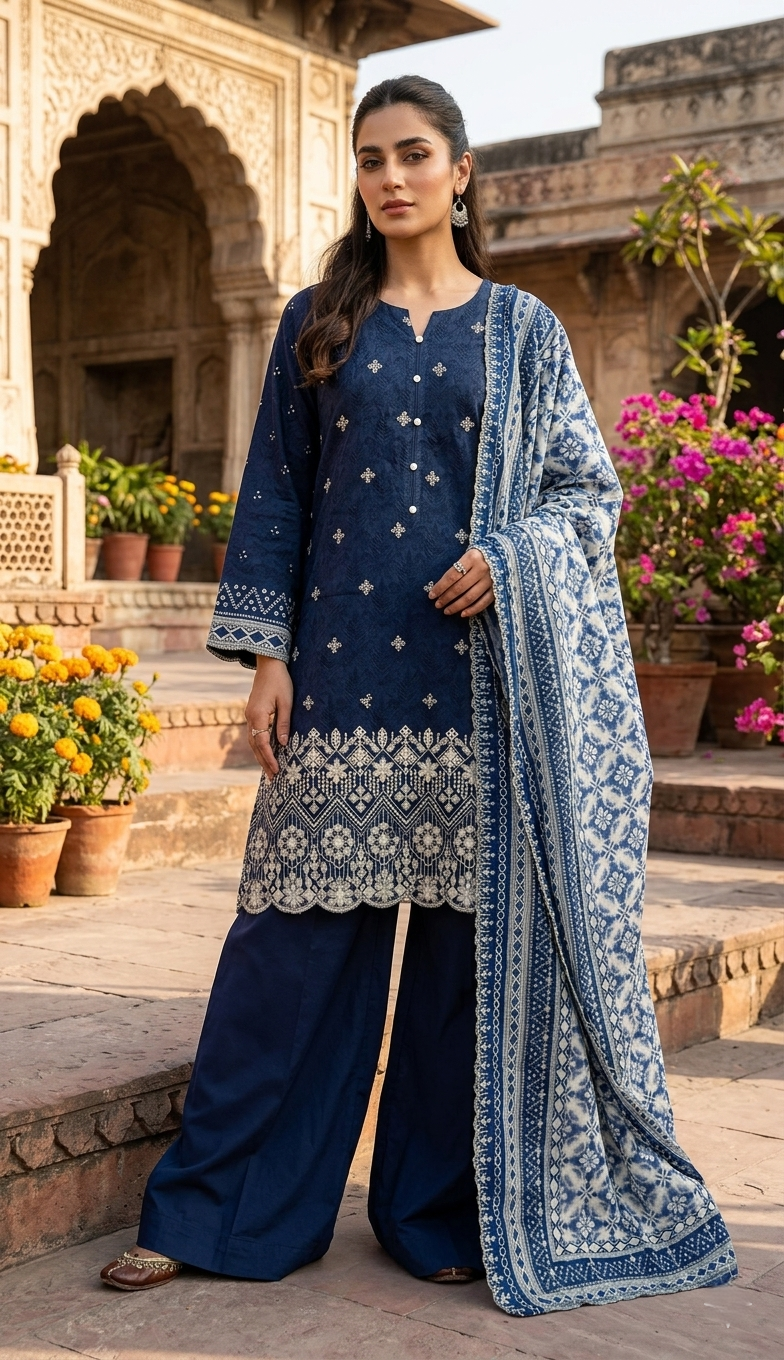 Blue & White Chikankari Cotton Lawn 3 Piece Stitched Suit for Women | Pakistani Indian Embroidered Shirt, Plain Pajama & Net Dupatta | Luxury Summer Dress Dubai UAE