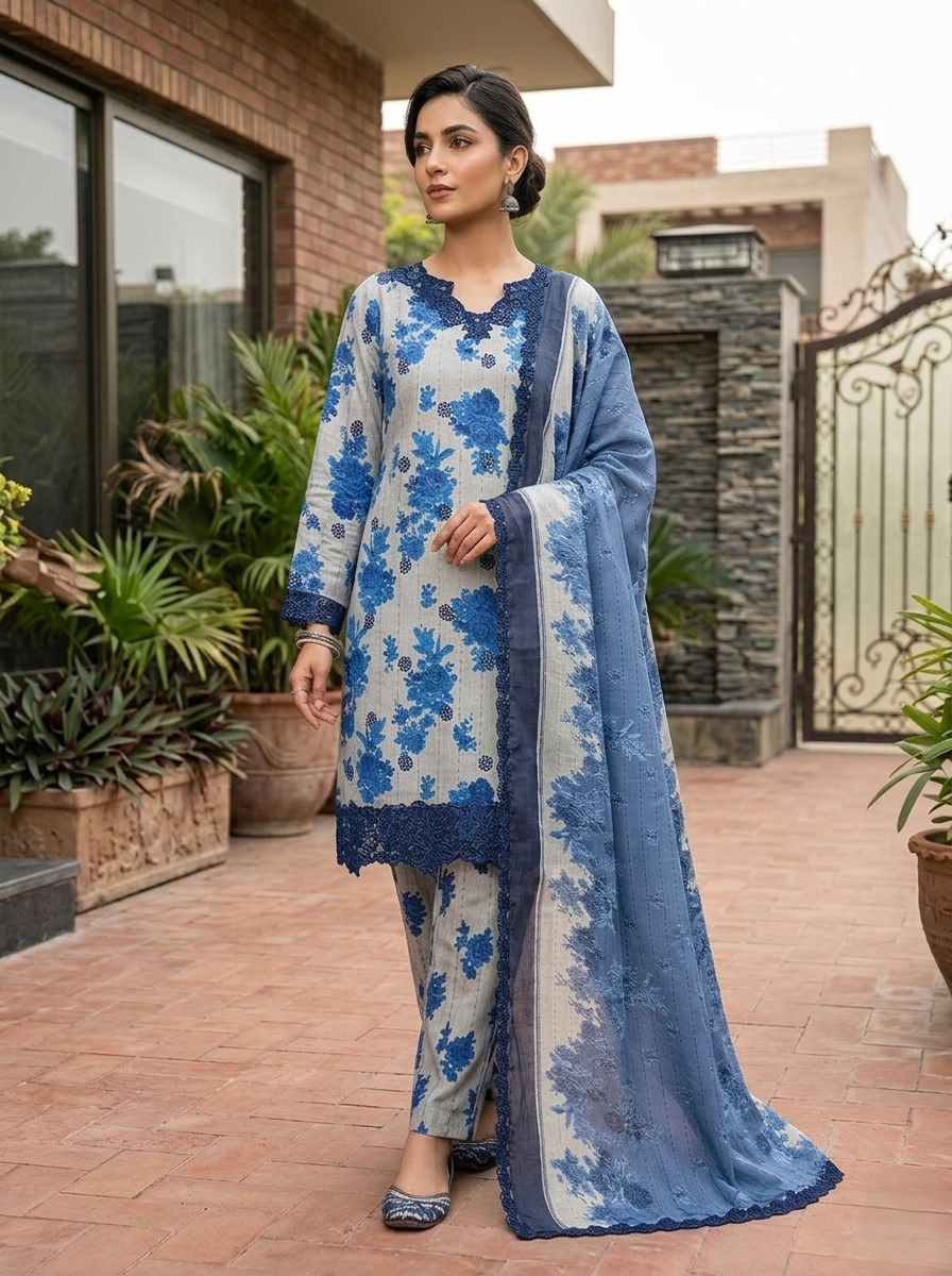 Summer Collection Blue & White Floral Bunch 3 Piece Stitched Ladies Suit | Pakistani Indian Elegant Lawn Dress | Home, Office & Party Wear | Dubai UAE