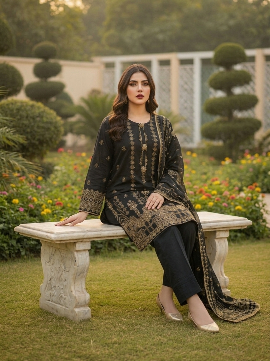 stitched 3 piece jacquard suit in UAE for women, premium embroidered jacquard dress with dupatta