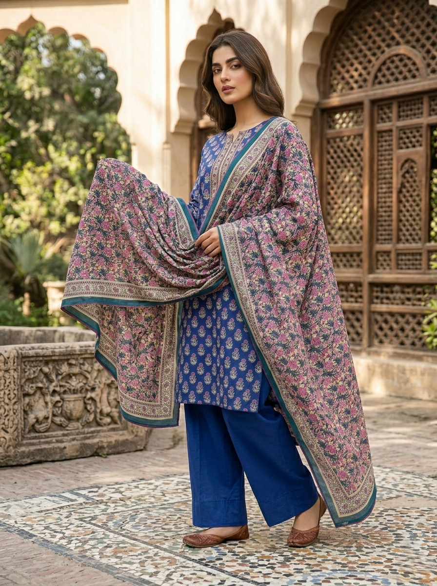 Blue Printed Lawn 3 Piece Stitched Ladies Suit | Premium Summer Collection | Home & Office Wear | Pakistani Indian Casual Dress | Dubai UAE | Al Kiswah