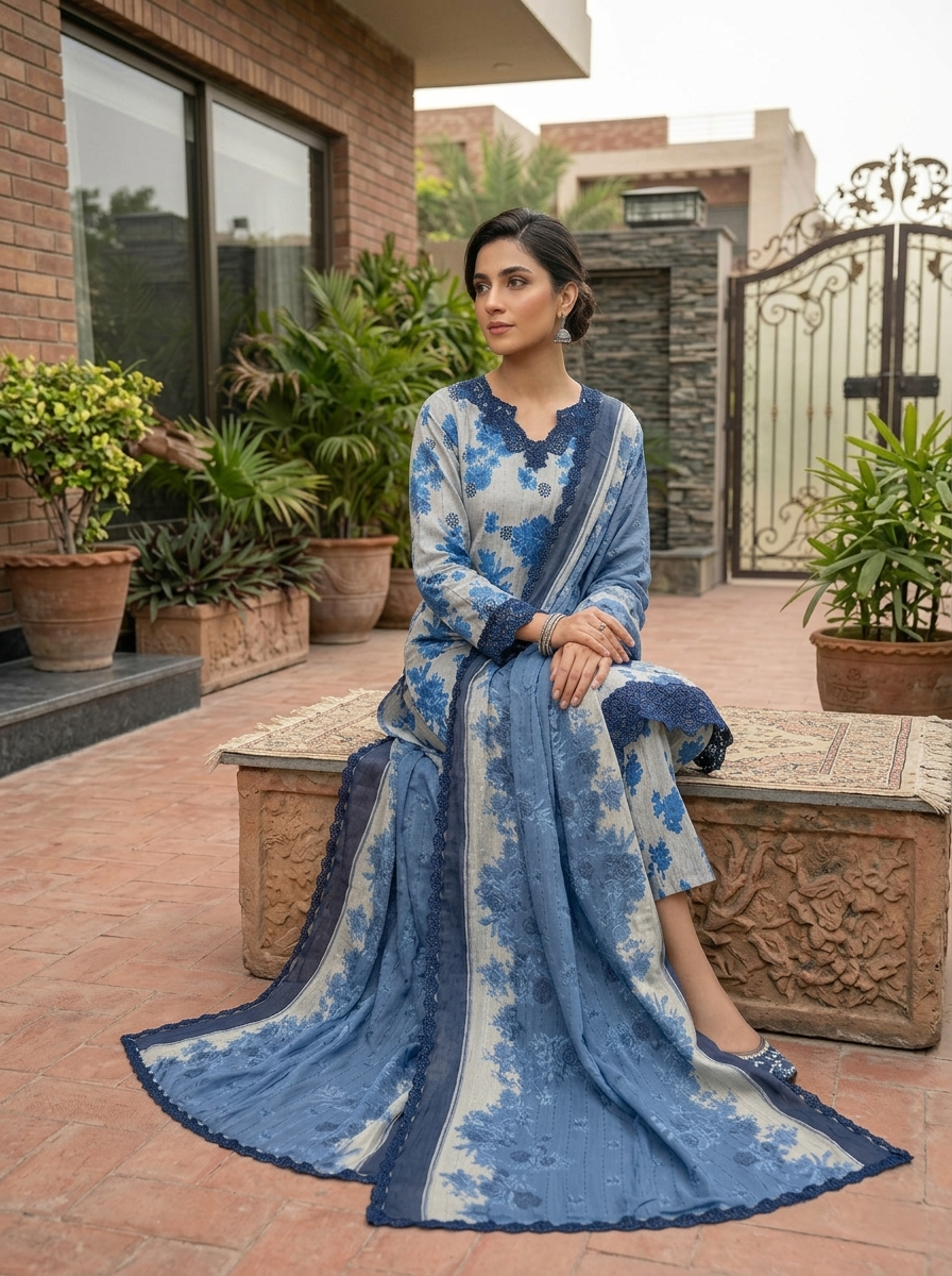 Summer Collection Blue & White Floral Bunch 3 Piece Stitched Ladies Suit | Pakistani Indian Elegant Lawn Dress | Home, Office & Party Wear | Dubai UAE