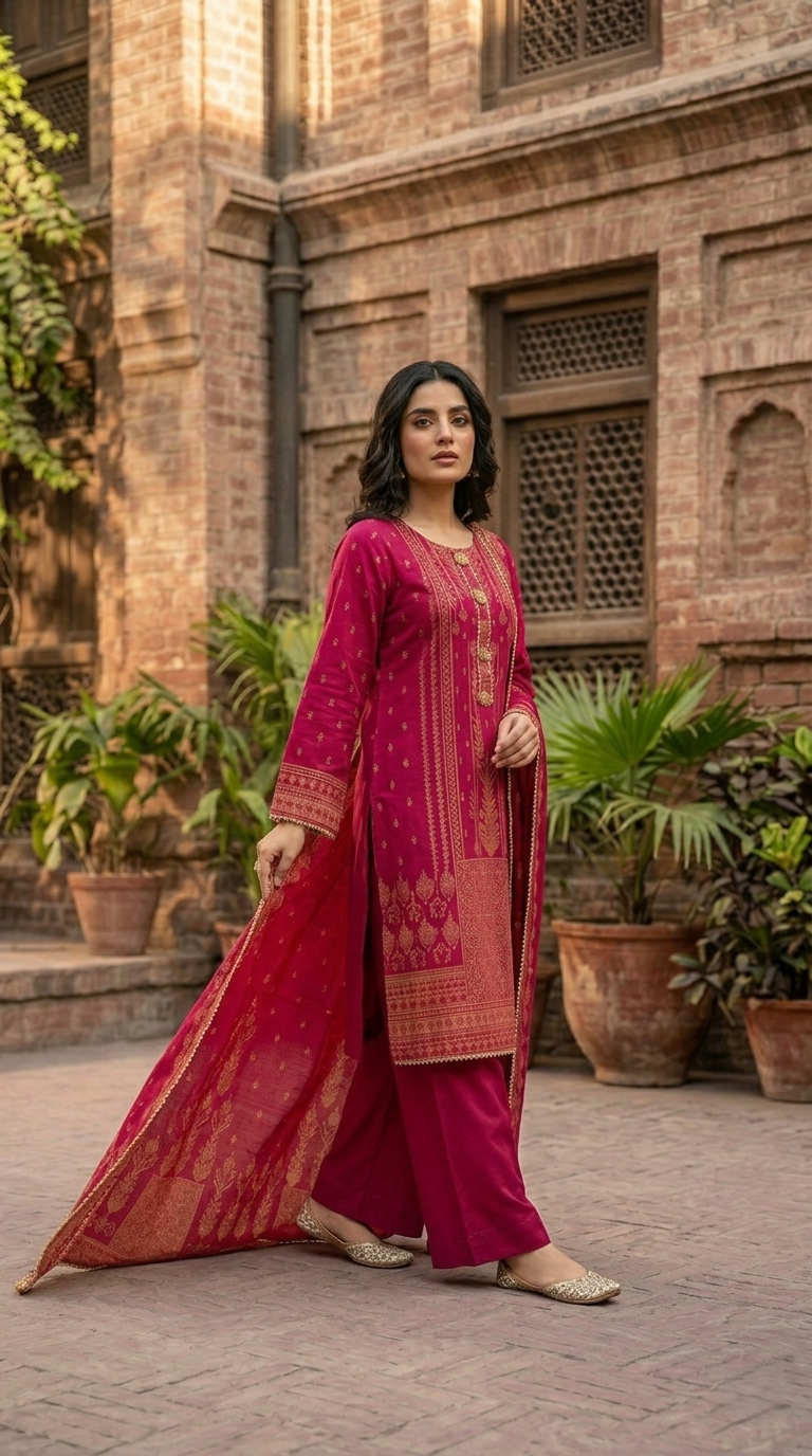 Luxury Deep Magenta Pink & Golden Jacquard 3 Piece Ladies Suit | Pakistani Indian Stitched Party Wear Dress for Women | Dubai UAE