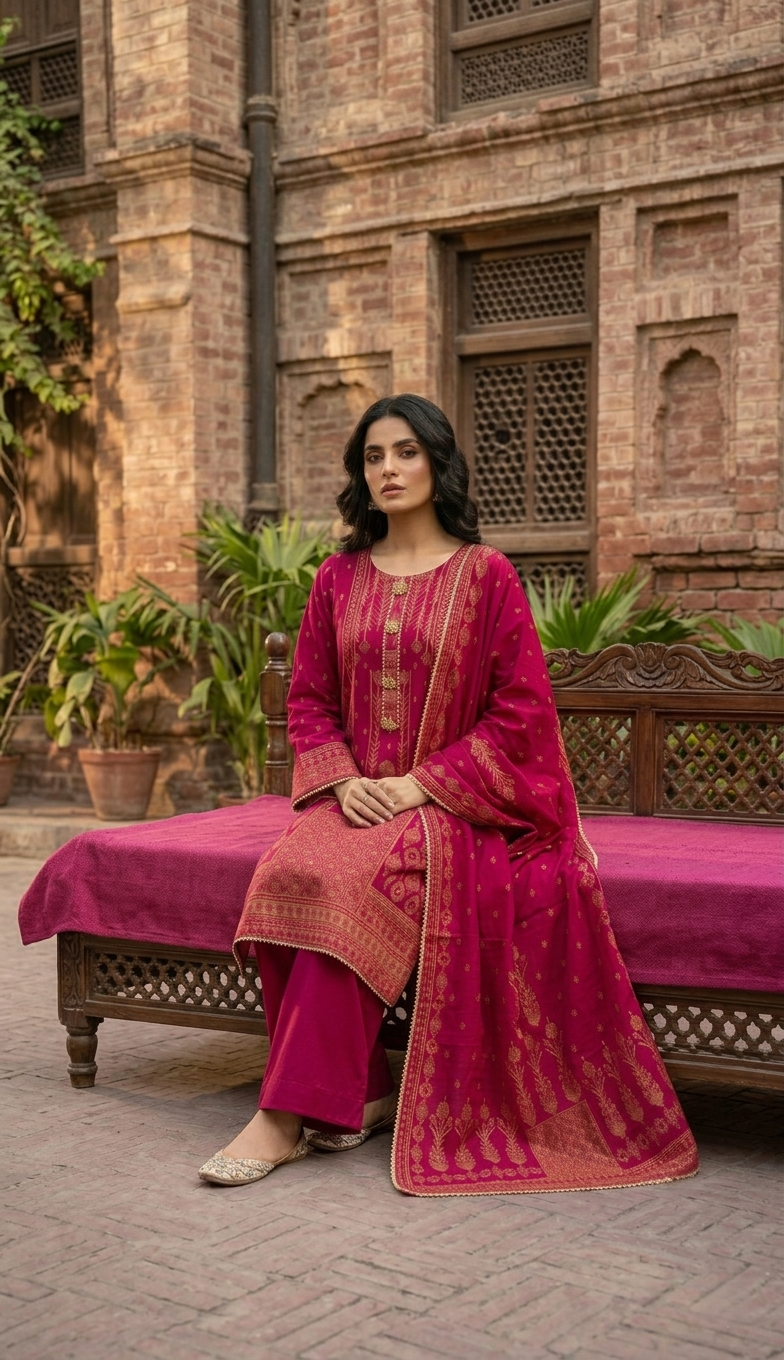 Luxury Deep Magenta Pink & Golden Jacquard 3 Piece Ladies Suit | Pakistani Indian Stitched Party Wear Dress for Women | Dubai UAE