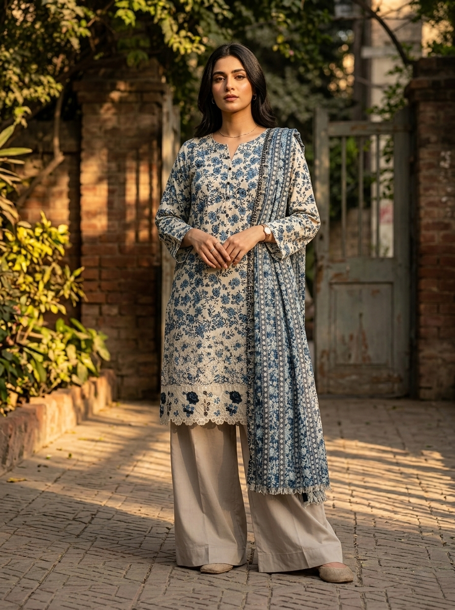 Floral Embroidered Chikankari Cotton Lawn 3 Piece Stitched Suit for Women | Pakistani Indian Summer Office & Party Wear Dress | Dubai UAE