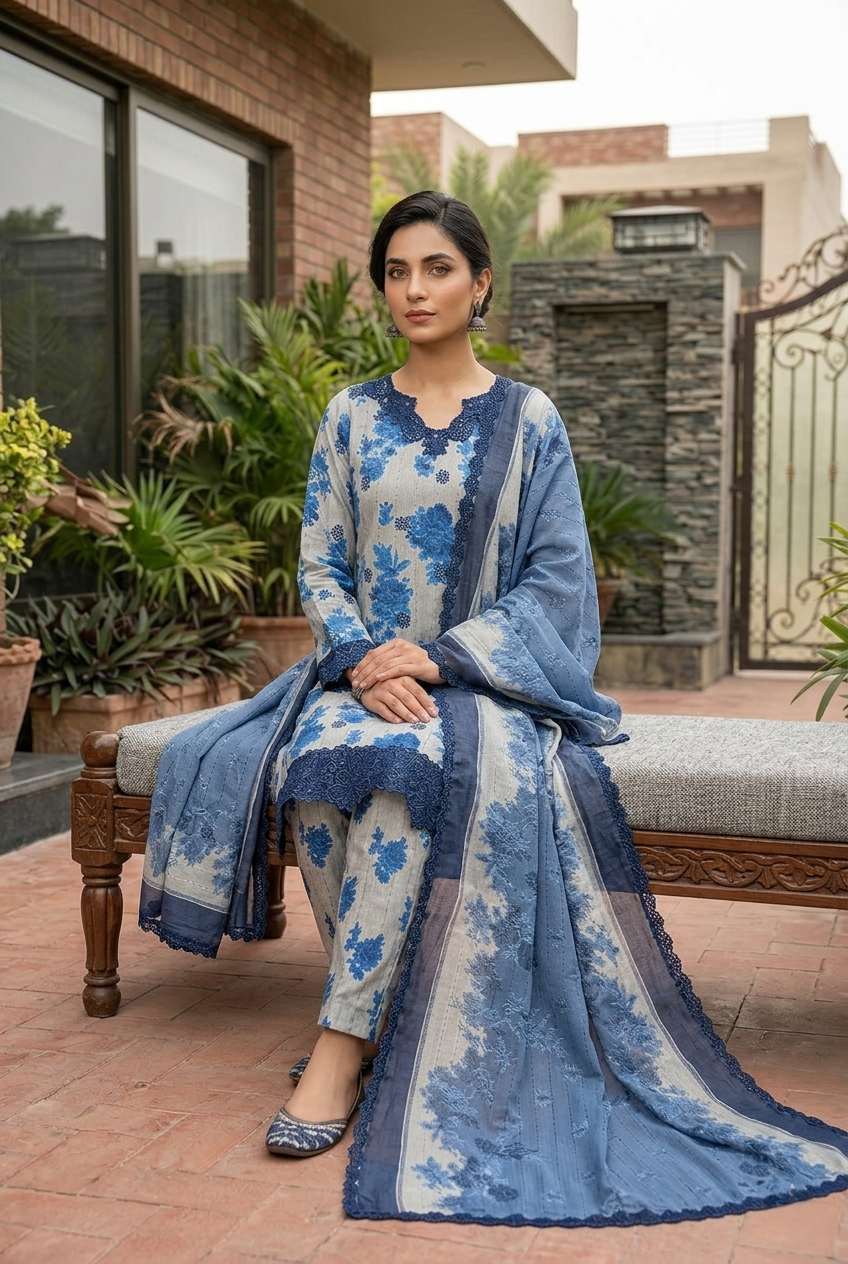 Summer Collection Blue & White Floral Bunch 3 Piece Stitched Ladies Suit | Pakistani Indian Elegant Lawn Dress | Home, Office & Party Wear | Dubai UAE