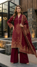 Jacquard Maroon & Gold Embroidered 3 Piece Stitched Ladies Suit | Pakistani Indian Luxury Dress | Office, Party & Home Wear | Dubai UAE | Al Kiswah