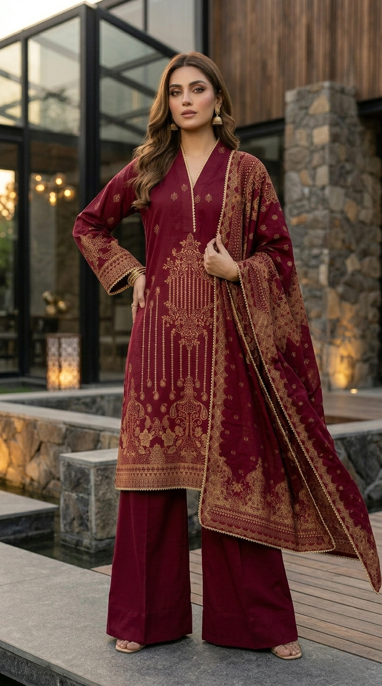 Jacquard Maroon & Gold Embroidered 3 Piece Stitched Ladies Suit | Pakistani Indian Luxury Dress | Office, Party & Home Wear | Dubai UAE | Al Kiswah