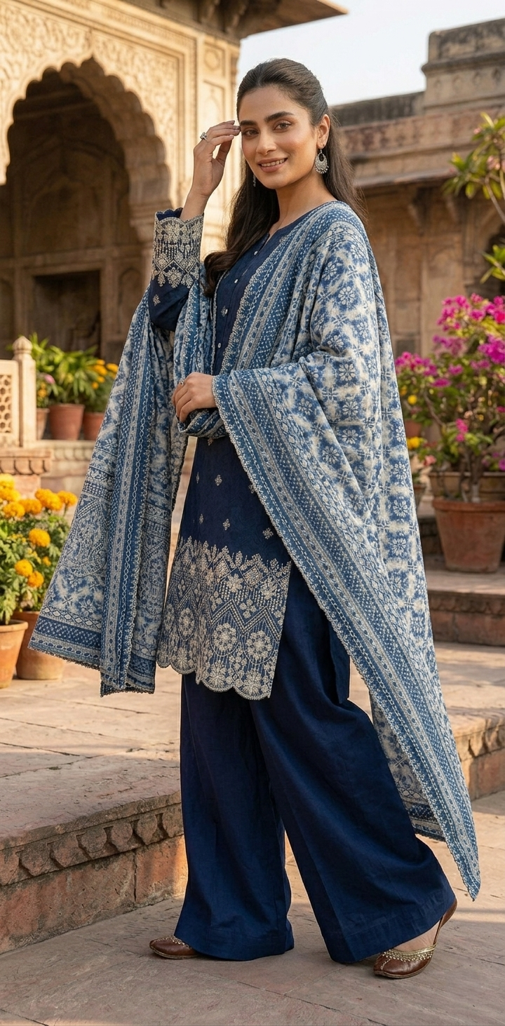 Blue & White Chikankari Cotton Lawn 3 Piece Stitched Suit for Women | Pakistani Indian Embroidered Shirt, Plain Pajama & Net Dupatta | Luxury Summer Dress Dubai UAE