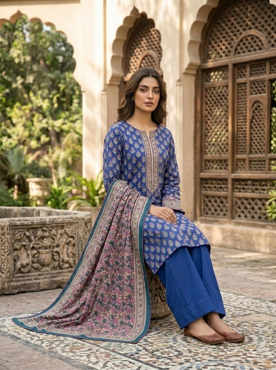Blue Printed Lawn 3 Piece Stitched Ladies Suit | Premium Summer Collection | Home & Office Wear | Pakistani Indian Casual Dress | Dubai UAE | Al Kiswah