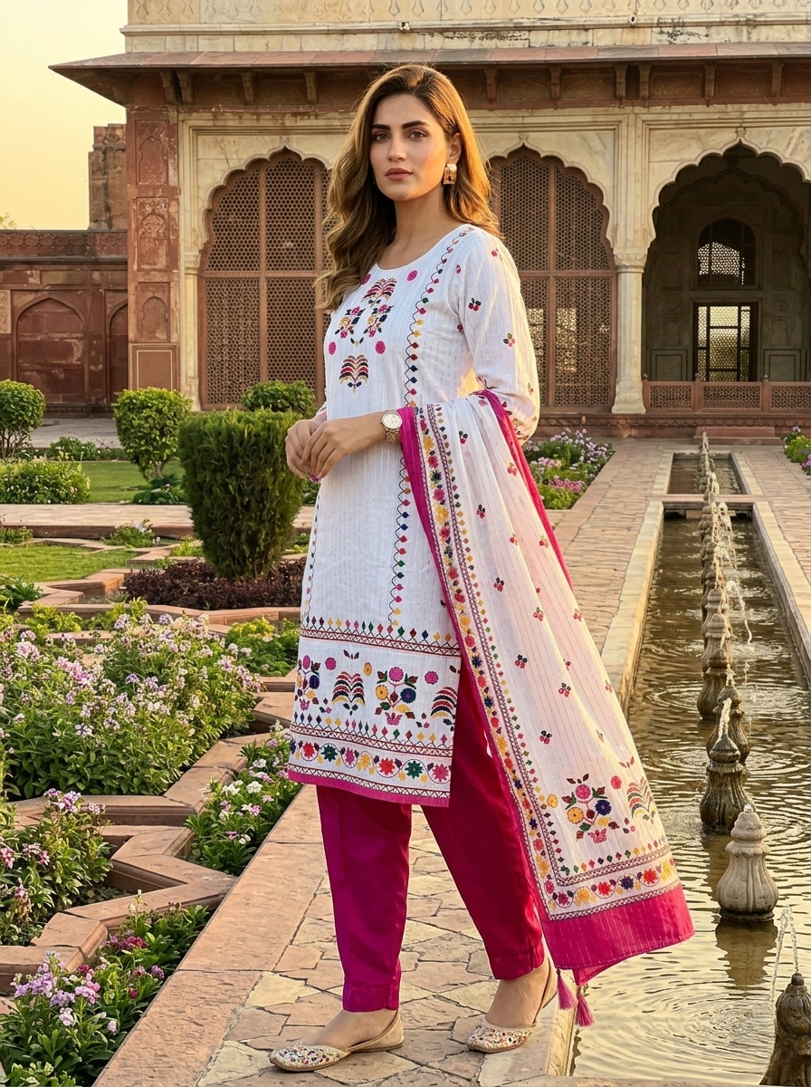 White Embroidered 3 Piece Stitched Ladies Suit | Pakistani Indian Punjabi Shalwar Kameez | Ethnic Wedding & Party Wear Dress for Women | Dubai UAE