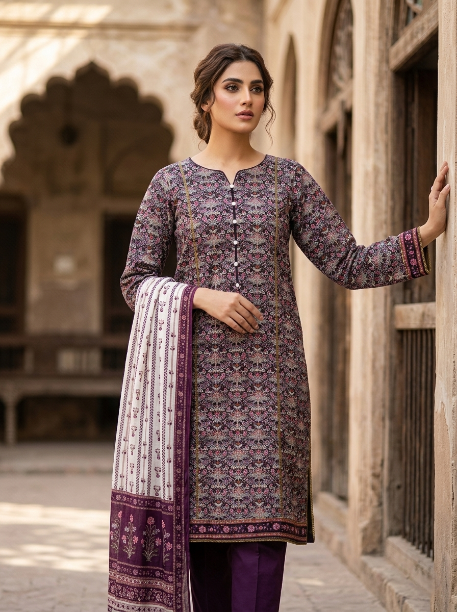 stitched 3 piece lawn suit in UAE for women, premium embroidered lawn dress with dupatta