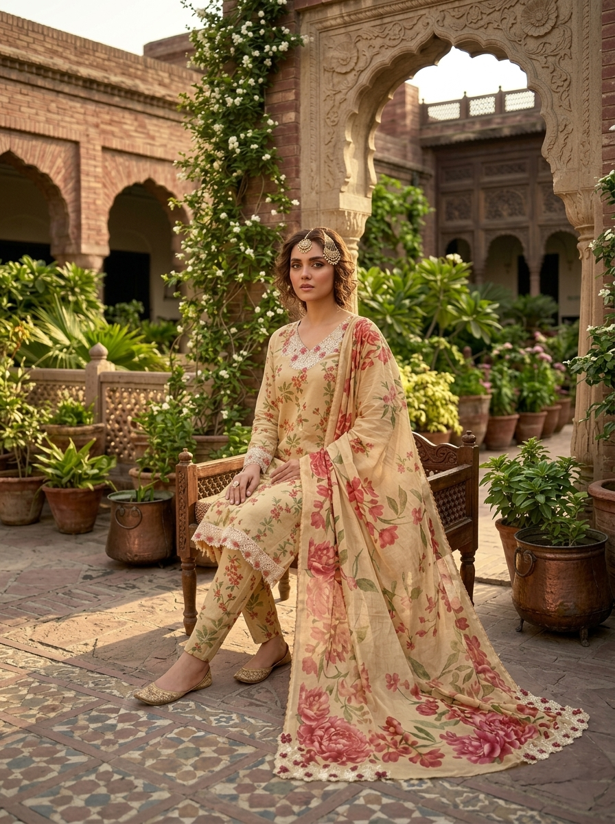 3 piece ready to wear lawn suit for women in UAE, embroidered Pakistani lawn dress with dupatta
