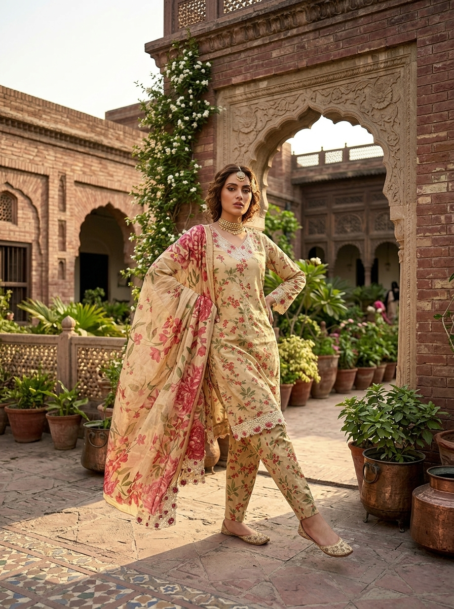 stitched 3 piece lawn suit in UAE for women, premium embroidered lawn dress with dupatta