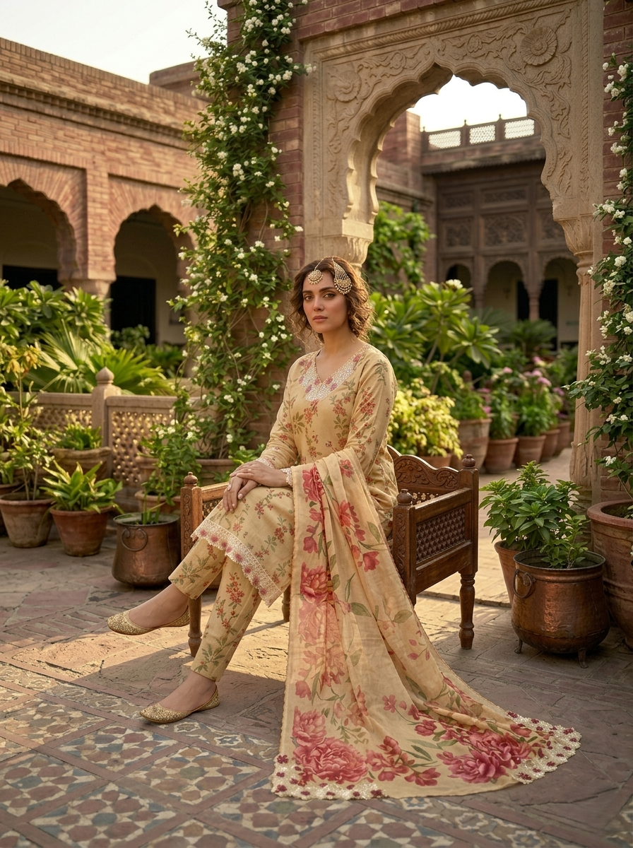 3 piece ready to wear lawn suit for women in UAE, embroidered Pakistani lawn dress with dupatta