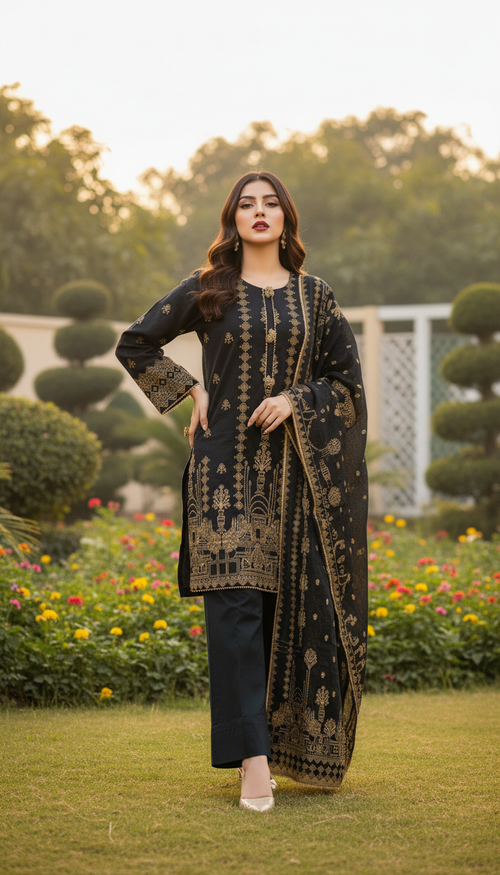 stitched 3 piece jacquard suit in UAE for women, premium embroidered jacquard dress with dupatta