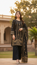 stitched 3 piece jacquard suit in UAE for women, premium embroidered jacquard dress with dupatta