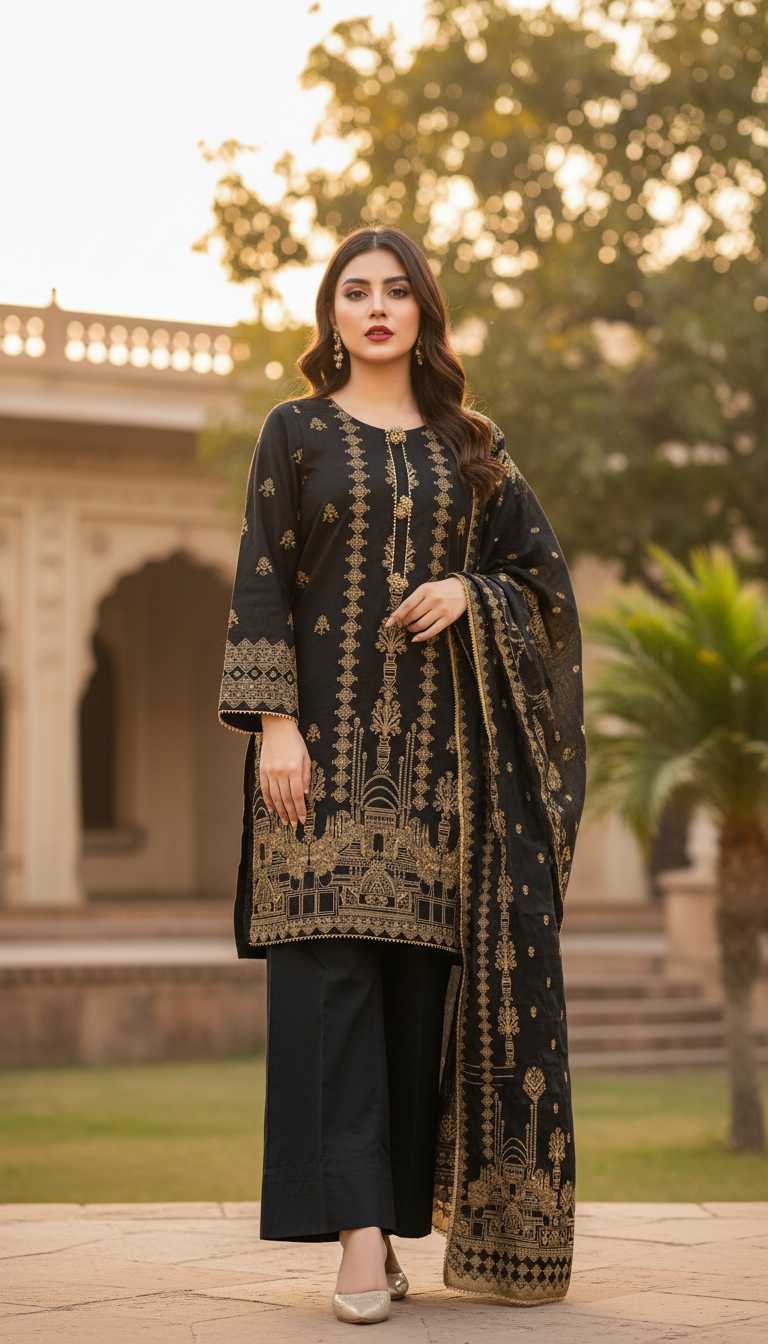 stitched 3 piece jacquard suit in UAE for women, premium embroidered jacquard dress with dupatta