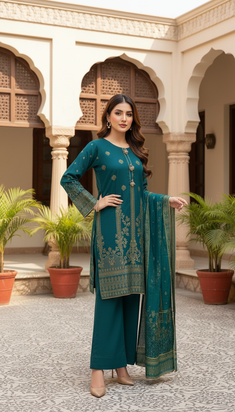 stitched 3 piece jacquard suit in UAE for women, premium embroidered jacquard dress with dupatta