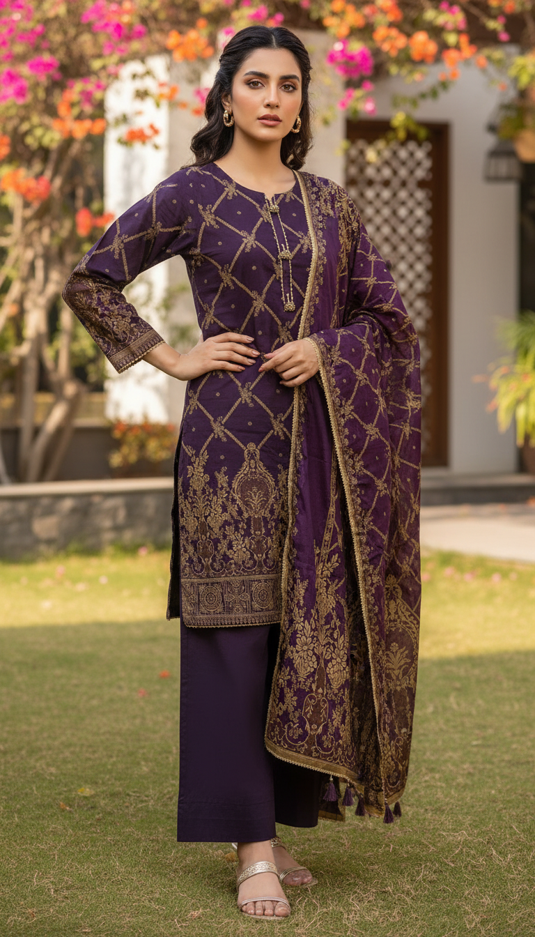 3 piece ready to wear jacquard suit for women in UAE, embroidered jacquard dress with dupatta