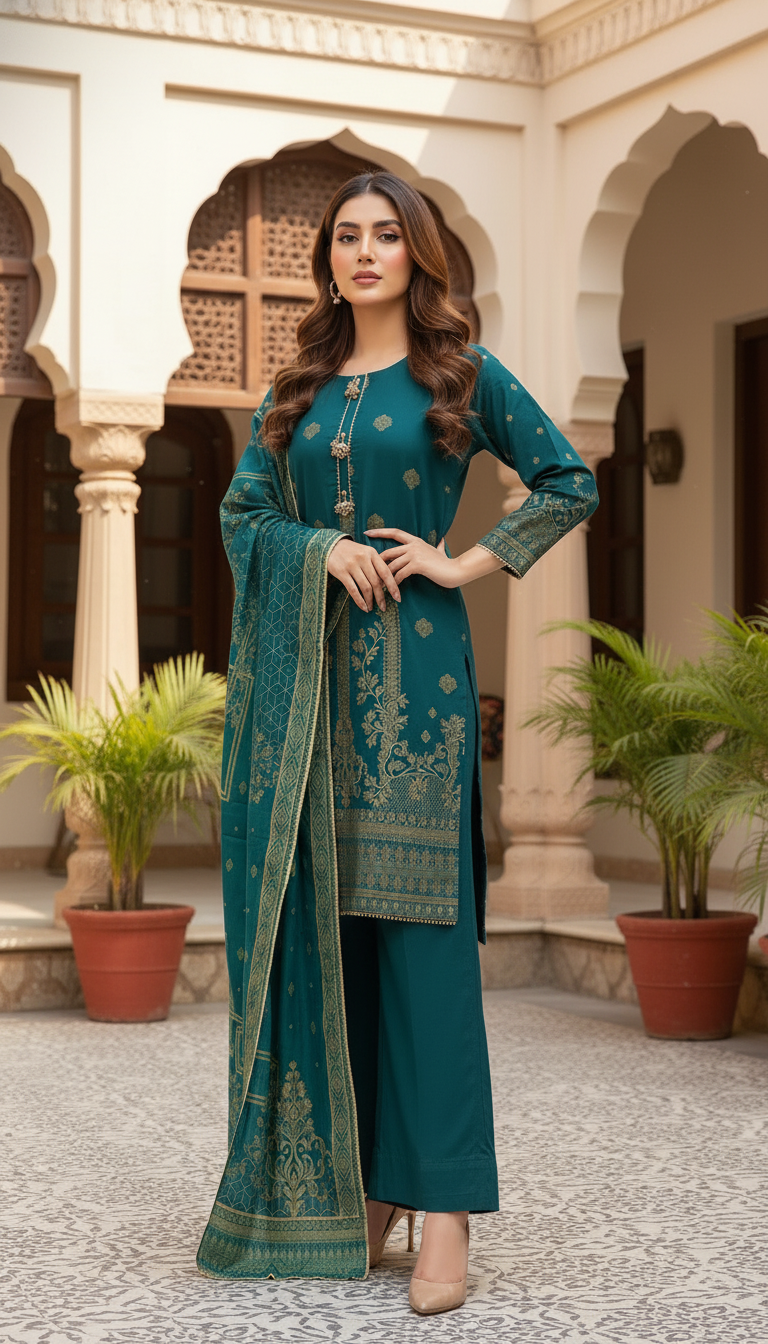 3 piece ready to wear jacquard suit for women in UAE, embroidered jacquard dress with dupatta