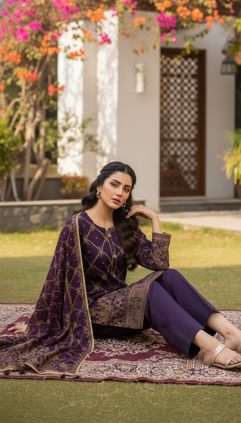 3 piece ready to wear jacquard suit for women in UAE, embroidered jacquard dress with dupatta