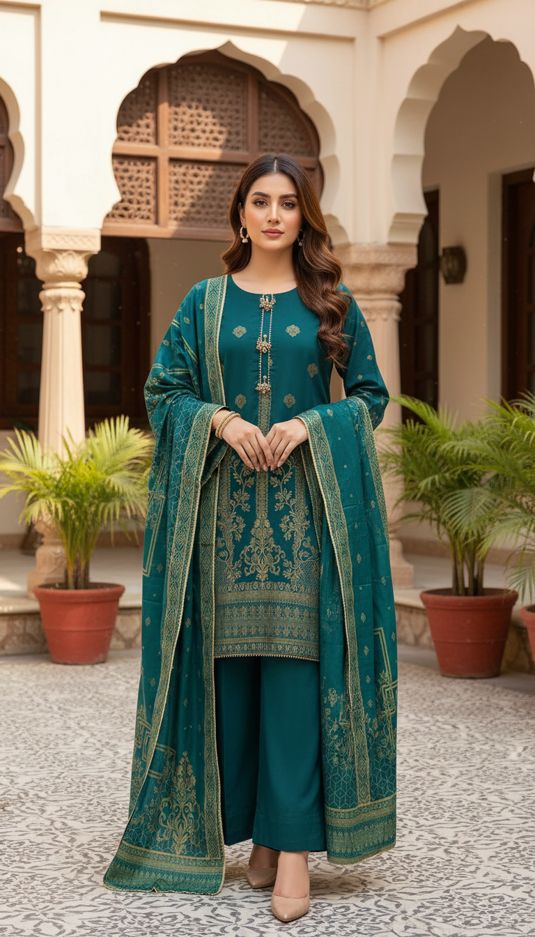 Women’s 3 Piece Jacquard Embroidery Suit – Premium Green & Gold Formal Dress UAE