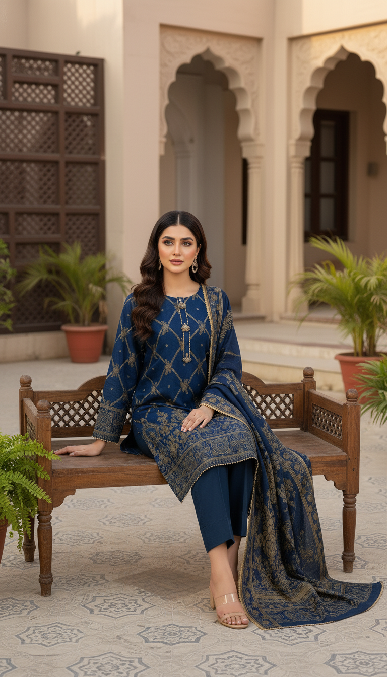 3 piece ready to wear jacquard suit for women in UAE, embroidered jacquard dress with dupatta